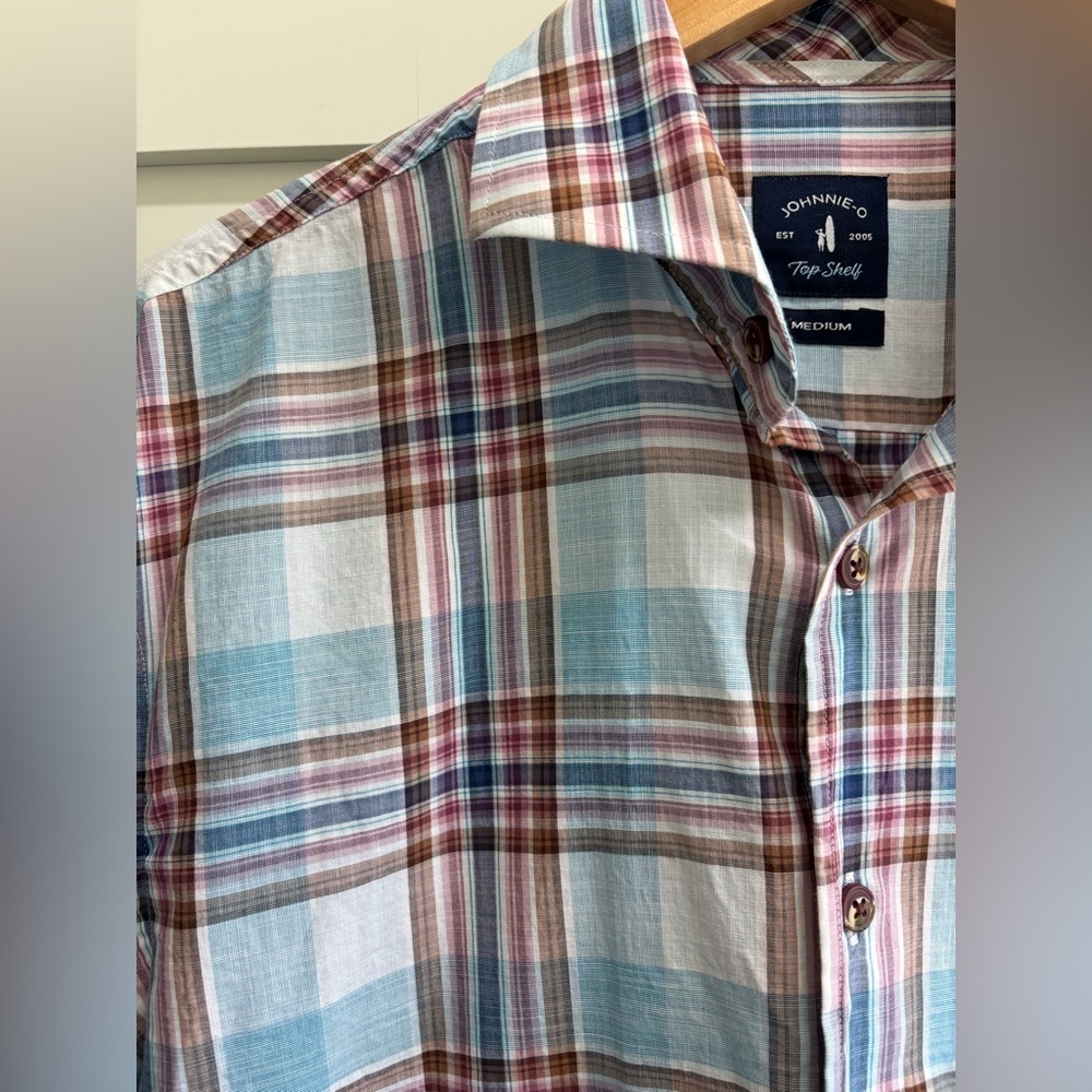 Johnnie O Shirt Mens Med Blue Plaid Top Shelf Breda Collar Preppy Cotton - Picture 4 of 6